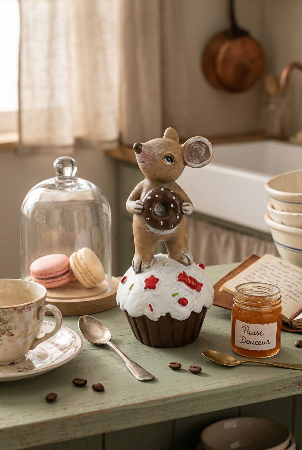 Figurine souris décorative tenant un donut chocolaté posée sur un gâteau blanc, style romantique shabby chic et décoration de charme