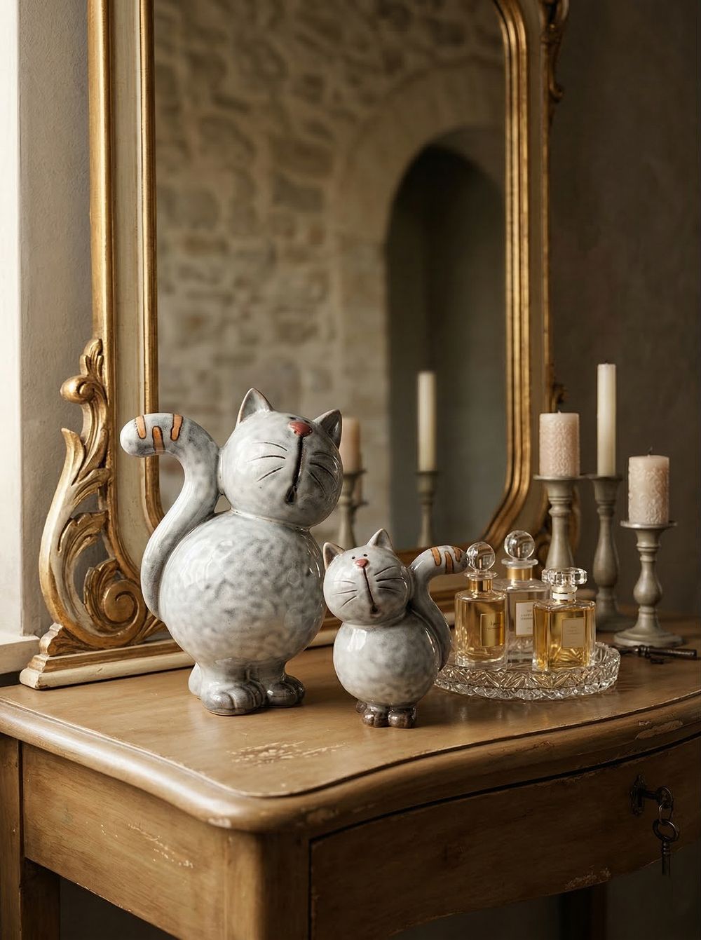 Duo de figurines chats décoratifs gris en terre cuite avec détails rosés, style charmant et poétique pour décoration romantique et shabby chic