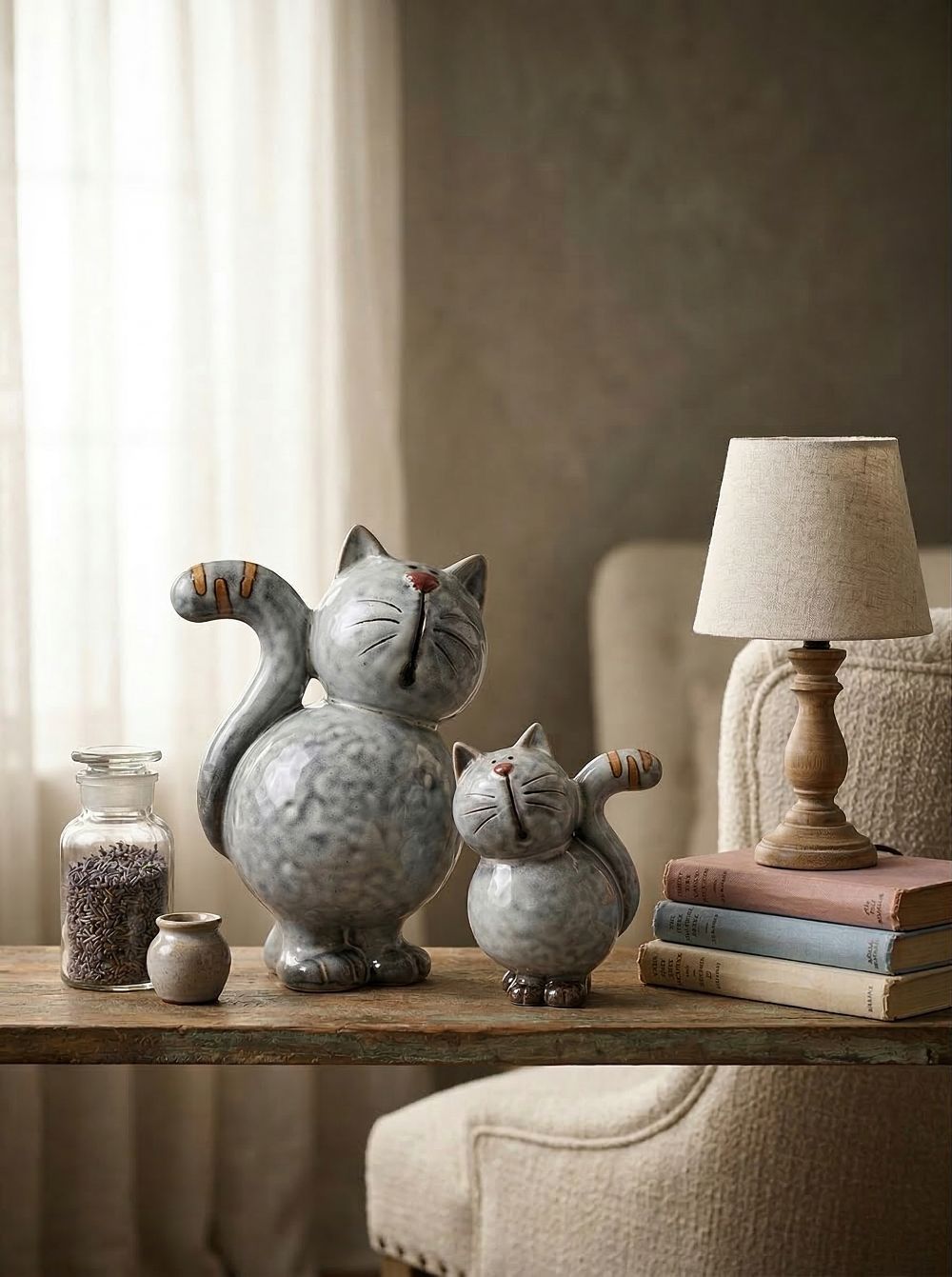 Duo de figurines chats décoratifs gris en terre cuite avec détails rosés, style charmant et poétique pour décoration romantique et shabby chic
