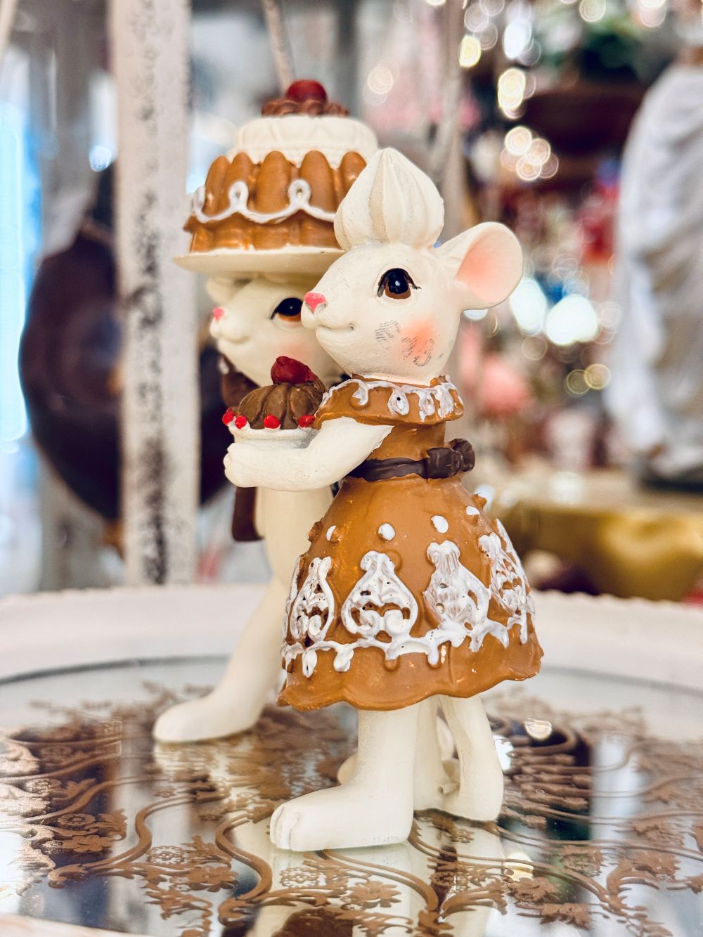 Figurines décoratives Mr et Mme Souris, couple de souris pâtissières blanc et marron, style shabby chic vintage, décor romantique et féérique