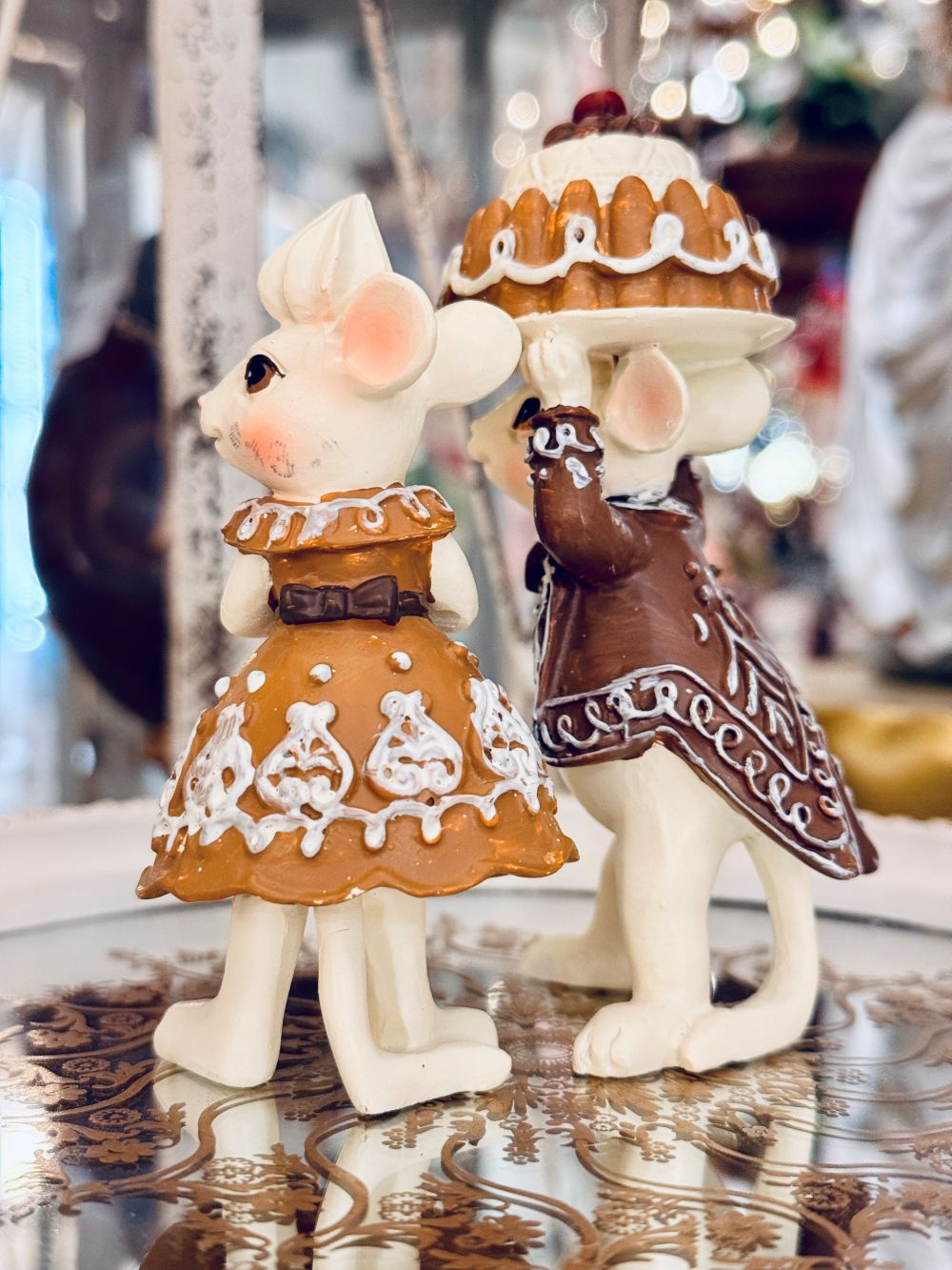 Figurines décoratives Mr et Mme Souris, couple de souris pâtissières blanc et marron, style shabby chic vintage, décor romantique et féérique