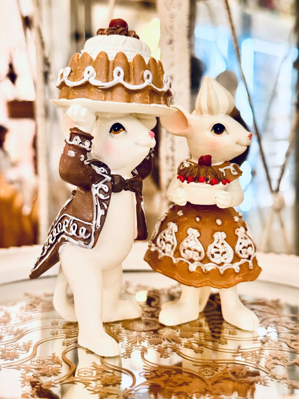 Figurines décoratives Mr et Mme Souris, couple de souris pâtissières blanc et marron, style shabby chic vintage, décor romantique et féérique