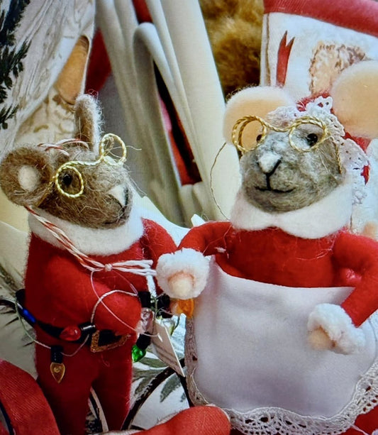 Couple de figurines souris en feutrine rouge et blanche, décoration de Noël romantique et shabby chic, 14 cm