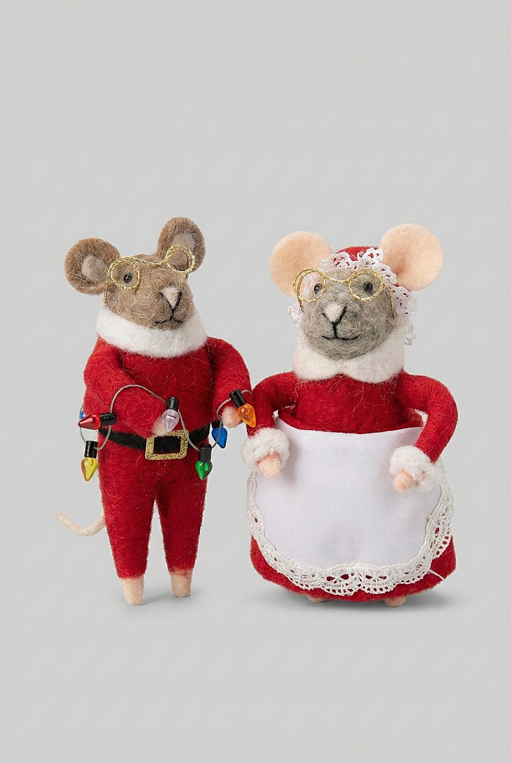 Couple de figurines souris en feutrine rouge et blanche, décoration de Noël romantique et shabby chic, 14 cm