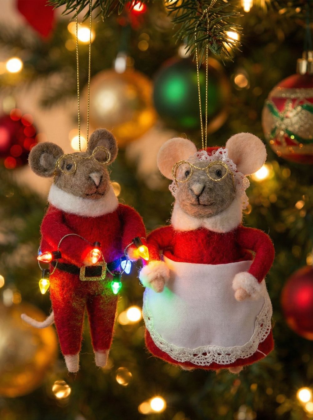 Couple de figurines souris en feutrine rouge et blanche, décoration de Noël romantique et shabby chic, 14 cm