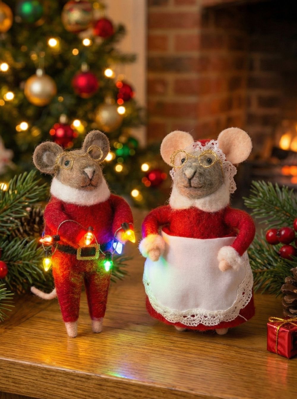Couple de figurines souris en feutrine rouge et blanche, décoration de Noël romantique et shabby chic, 14 cm