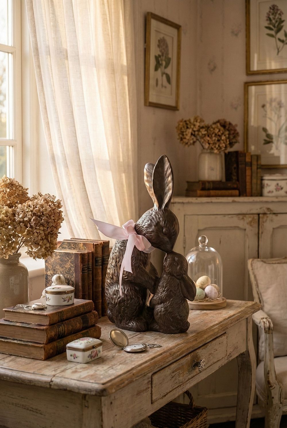 Figurine décorative lapin de 30 cm aux tons marron beige et blanc, décoration romantique et shabby chic, ambiance poétique et printanière pour intérieur de charme