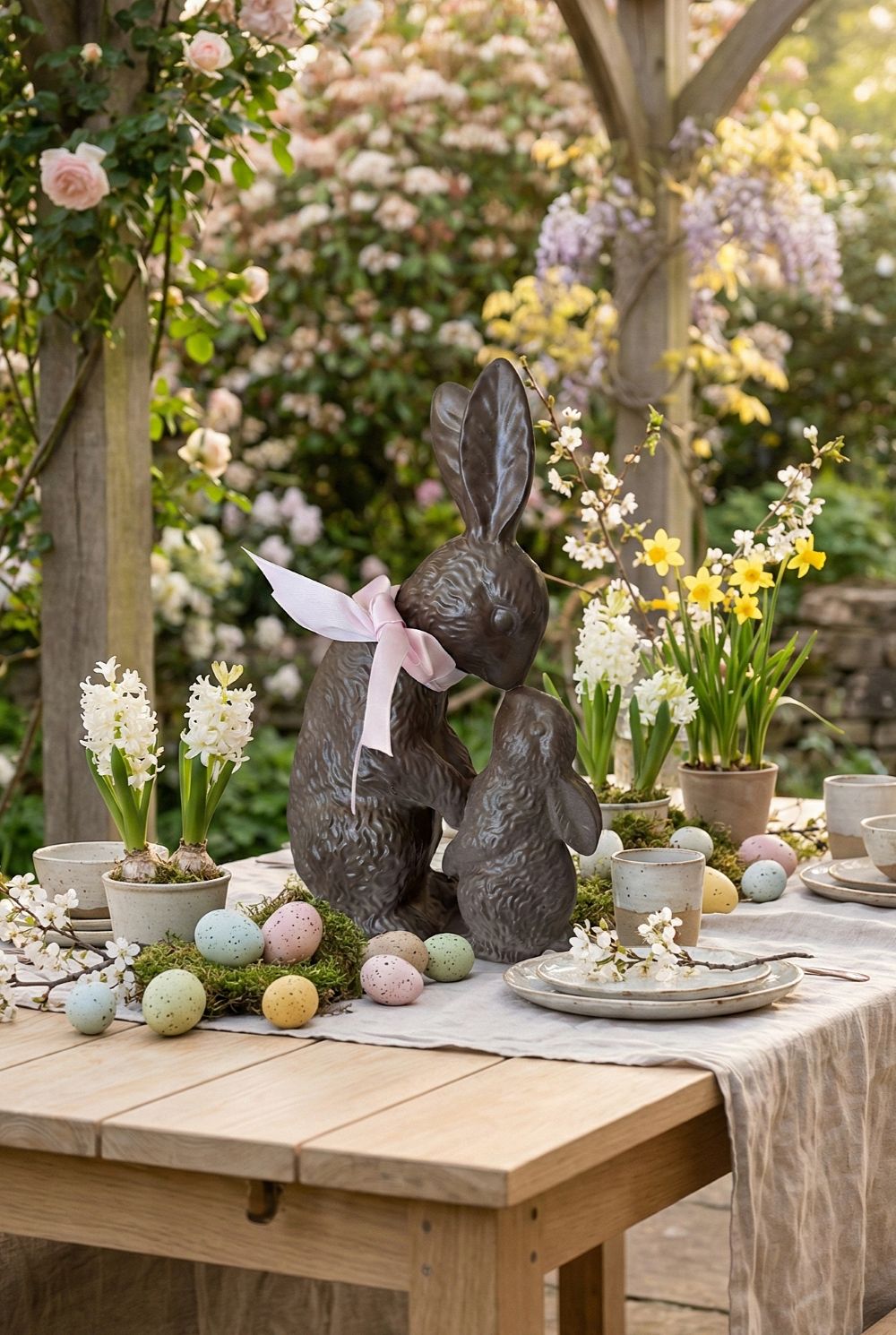 Figurine décorative lapin de 30 cm aux tons marron beige et blanc, décoration romantique et shabby chic, ambiance poétique et printanière pour intérieur de charme