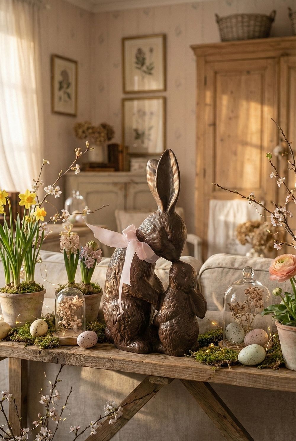 Figurine décorative lapin de 30 cm aux tons marron beige et blanc, décoration romantique et shabby chic, ambiance poétique et printanière pour intérieur de charme