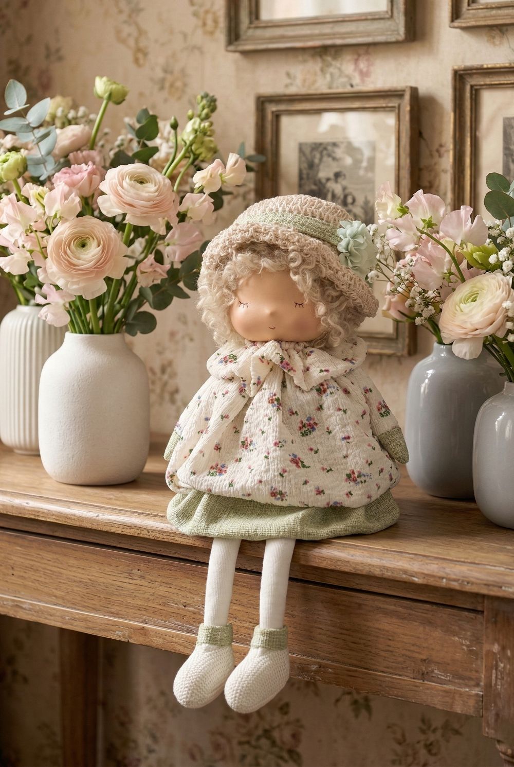 Poupée décorative romantique style shabby chic avec robe fleurie écrue et vert sauge, figurine poétique de printemps pour décoration de charme