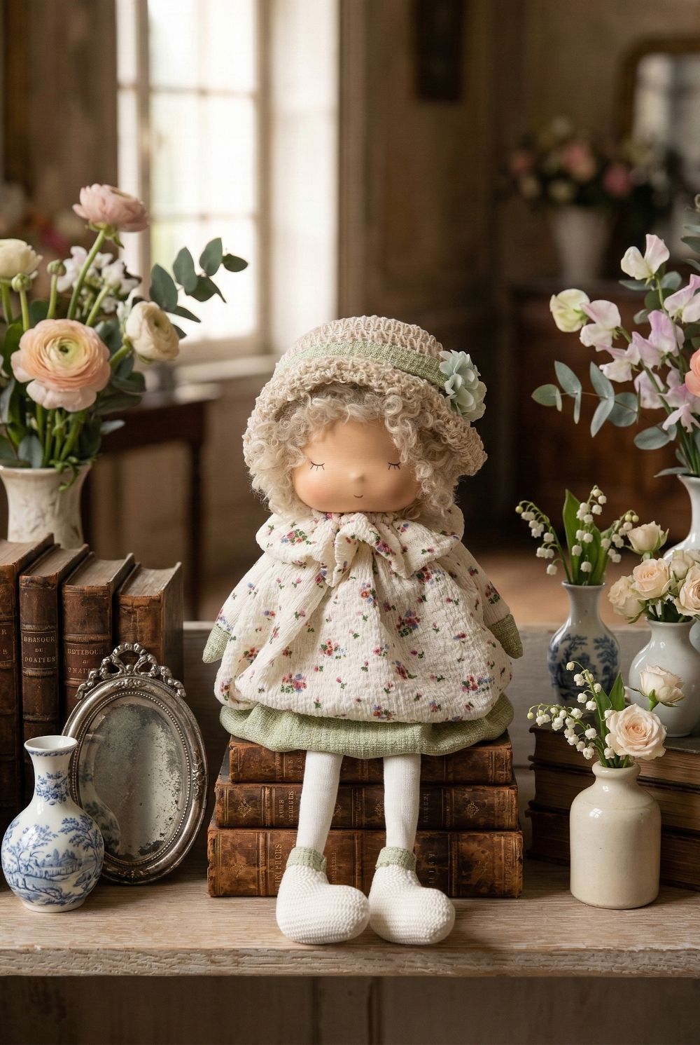 Poupée décorative romantique style shabby chic avec robe fleurie écrue et vert sauge, figurine poétique de printemps pour décoration de charme