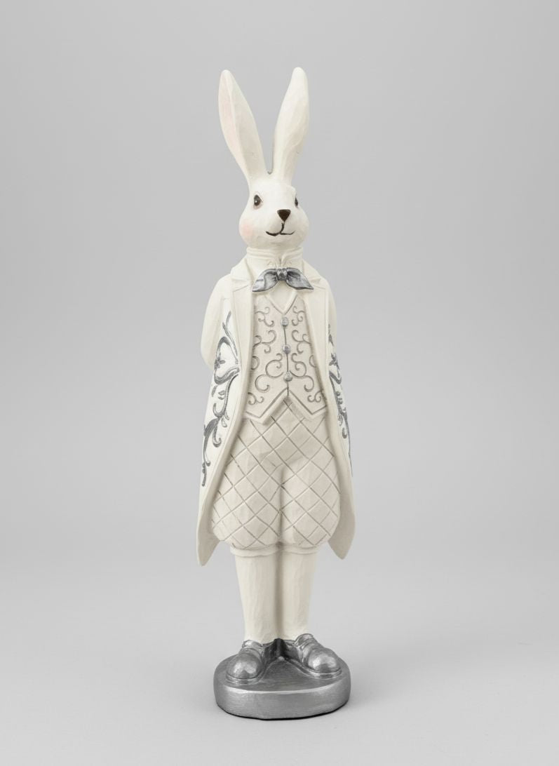 Statuette décorative lapin marquis blanc cassé et argent 30 cm style shabby chic pour décoration intérieure élégante
