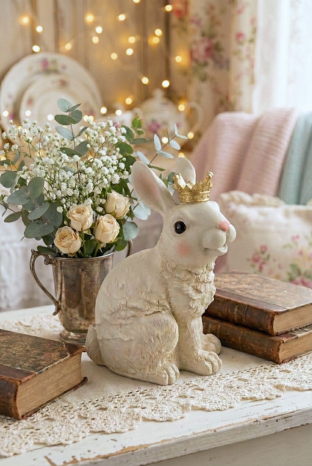 Figurines Prince Lapin Blanc posé élégamment décor shabby chic crème et blanc, ambiance romantique et féérique pour décoration intérieure.