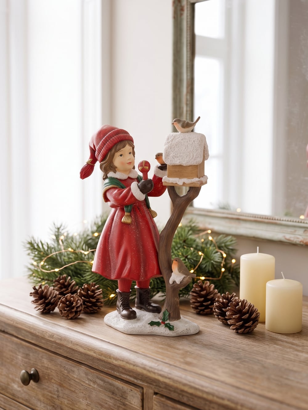 Figurine représentant une fillette en manteau rouge nourrissant des rouge-gorges près d'un nichoir enneigé, décoration de Noël romantique et poétique