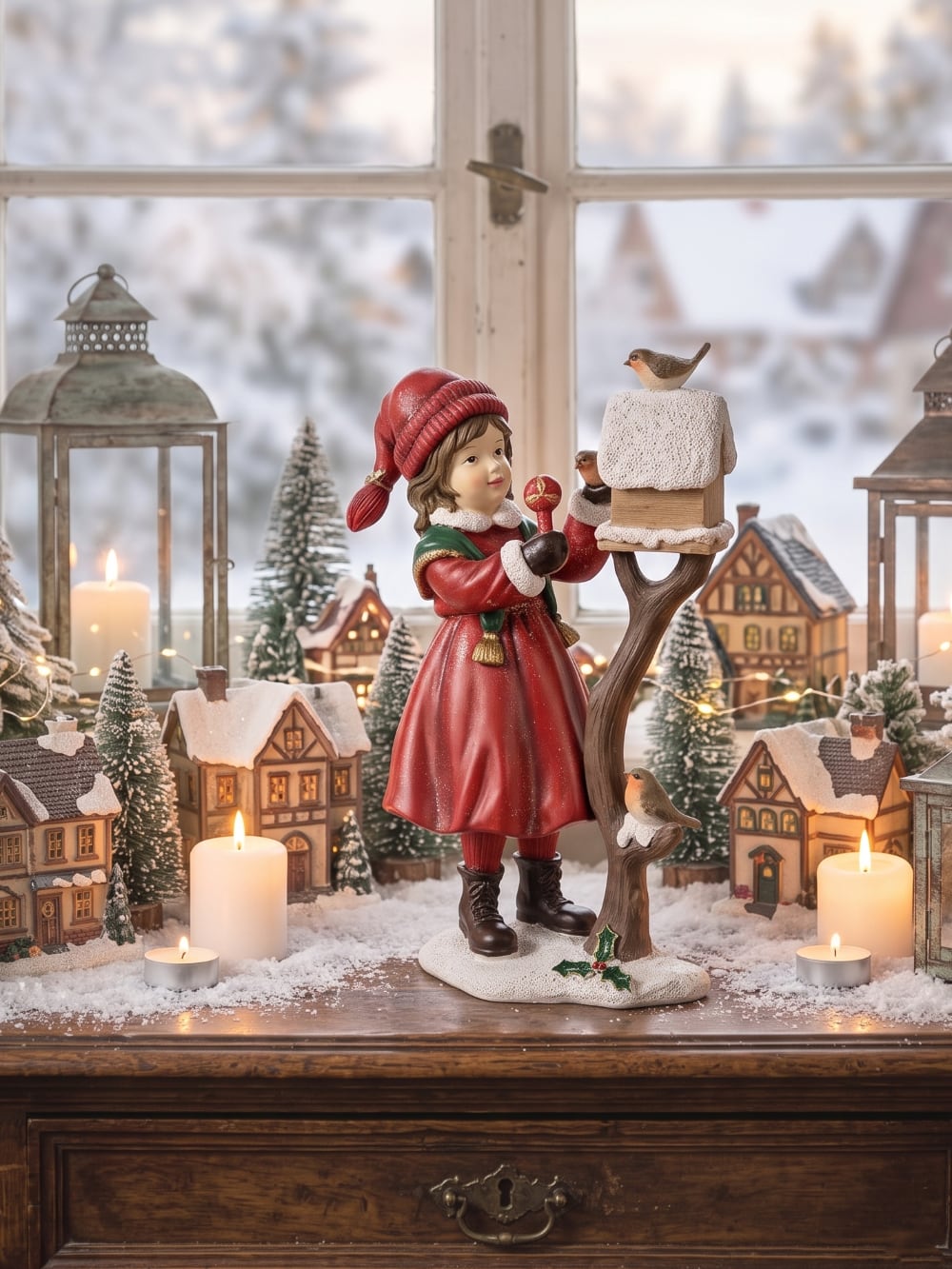 Figurine représentant une fillette en manteau rouge nourrissant des rouge-gorges près d'un nichoir enneigé, décoration de Noël romantique et poétique