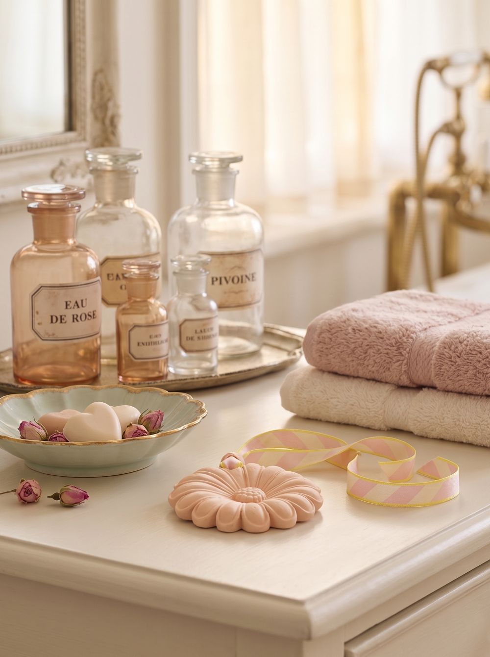 Suspension parfumée fleur blanche avec ruban rose dans une ambiance shabby chic romantique, idéale pour parfumer une chambre, un dressing ou une salle de bain de charme