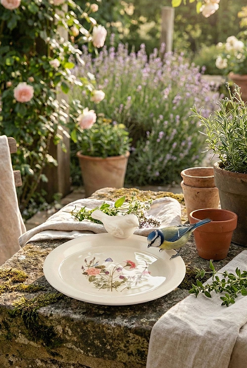 Fontaine décorative en céramique avec oiseau et fleurs sauvages, style champêtre et shabby chic, teintes blanc cassé, rose doux et vert naturel