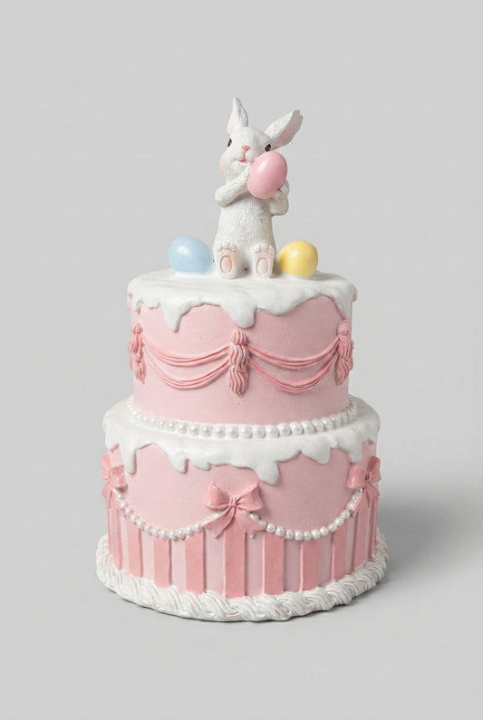 Gâteau décoratif Lapin de Pâques 28 cm rose poudré et blanc, accessoire de décoration romantique shabby chic pour ambiance féérique de printemps