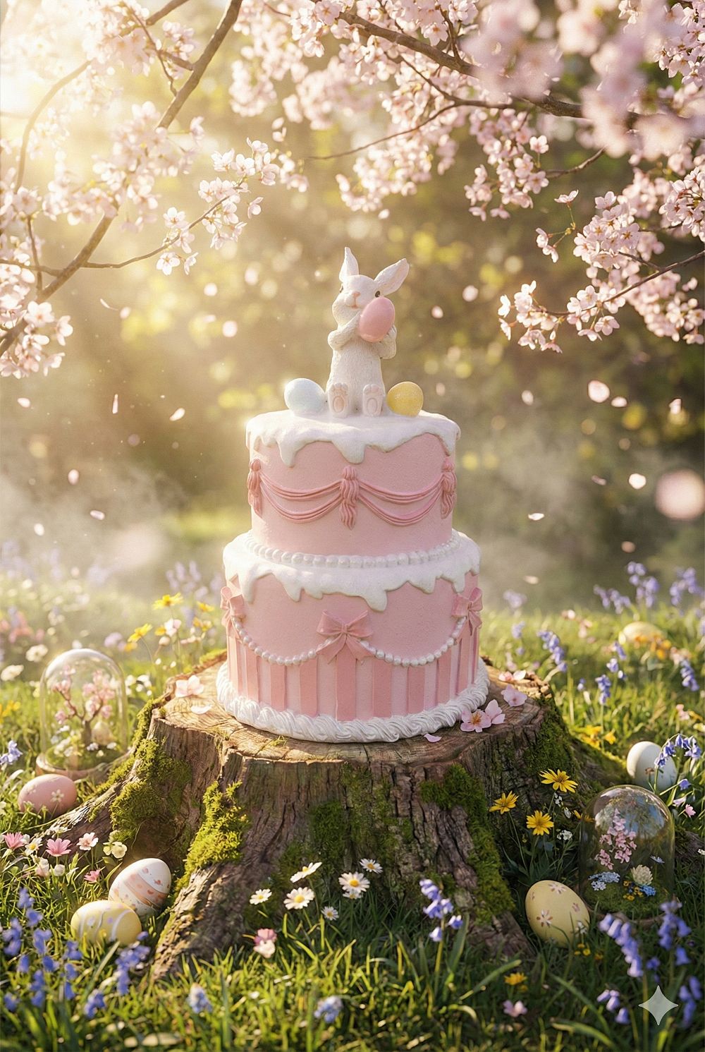 Gâteau décoratif Lapin de Pâques 28 cm rose poudré et blanc, accessoire de décoration romantique shabby chic pour ambiance féérique de printemps