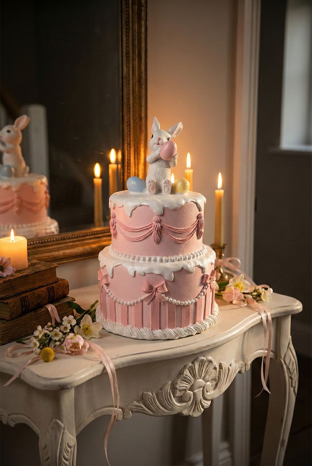 Gâteau décoratif Lapin de Pâques 28 cm rose poudré et blanc, accessoire de décoration romantique shabby chic pour ambiance féérique de printemps