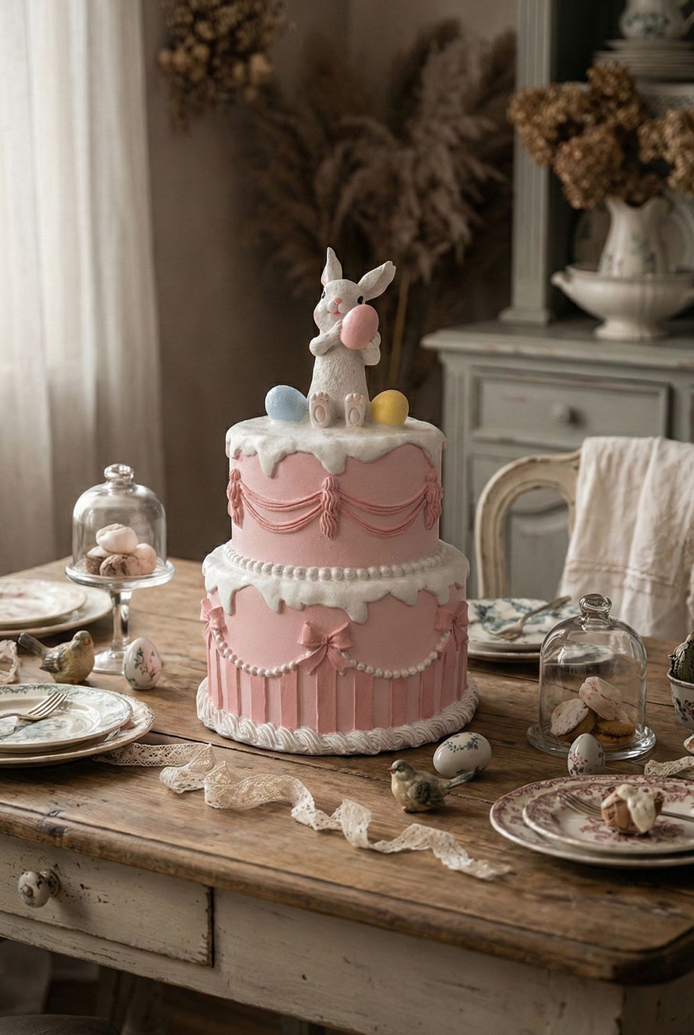 Gâteau décoratif Lapin de Pâques 28 cm rose poudré et blanc, accessoire de décoration romantique shabby chic pour ambiance féérique de printemps