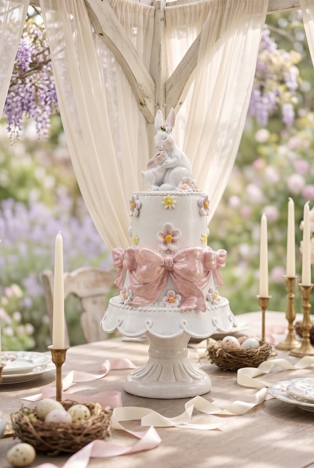 Gâteau décoratif à étages orné de fleurs pastel et de grands nœuds rose poudré avec une maman lapin et son petit au sommet, décoration romantique de Pâques et ambiance féérique