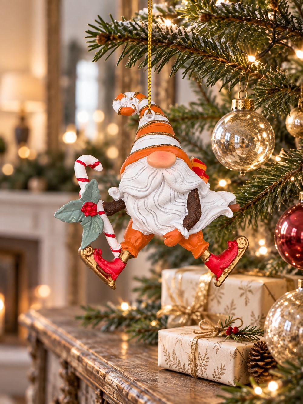 Gnome de Noël orange, blanc et rouge suspendu dans un petit sapin sur une console ancienne