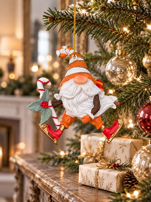 Gnome de Noël orange, blanc et rouge suspendu dans un petit sapin sur une console ancienne