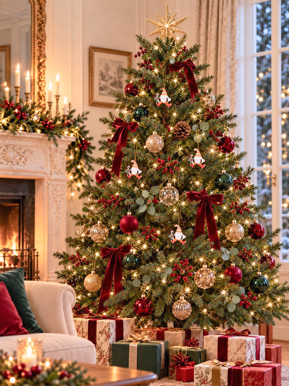 Gnomes de Noël orange, blanc et rouge suspendu dans un  sapin de noël