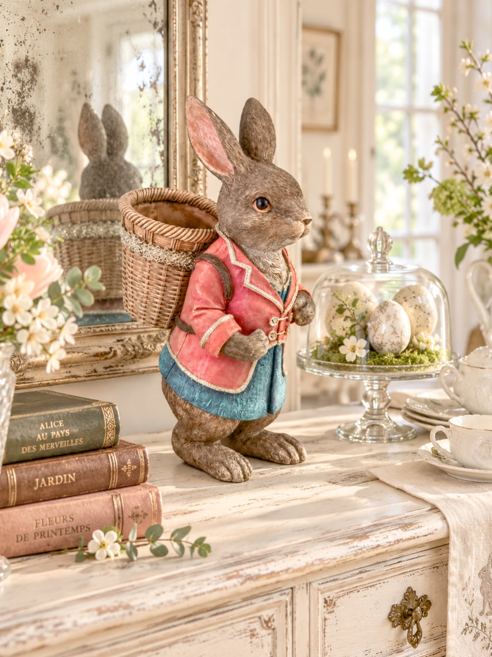 Grand lapin décoratif brun vêtu de rose et bleu avec panier dans le dos, style Alice romantique et décoration poétique de Pâques