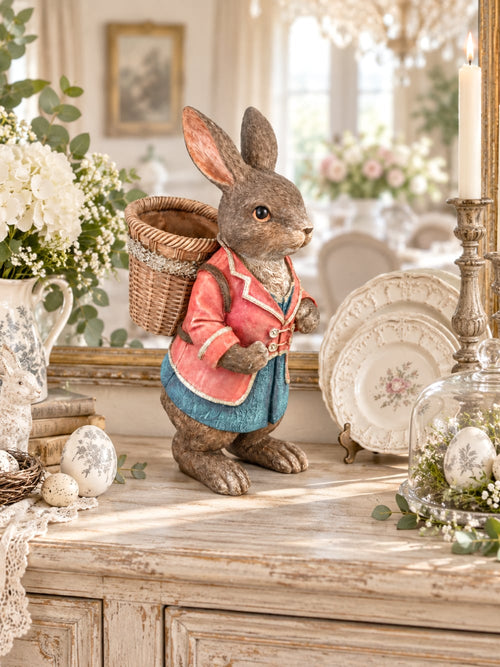 Grand lapin décoratif brun vêtu de rose et bleu avec panier dans le dos, style Alice romantique et décoration poétique de Pâques