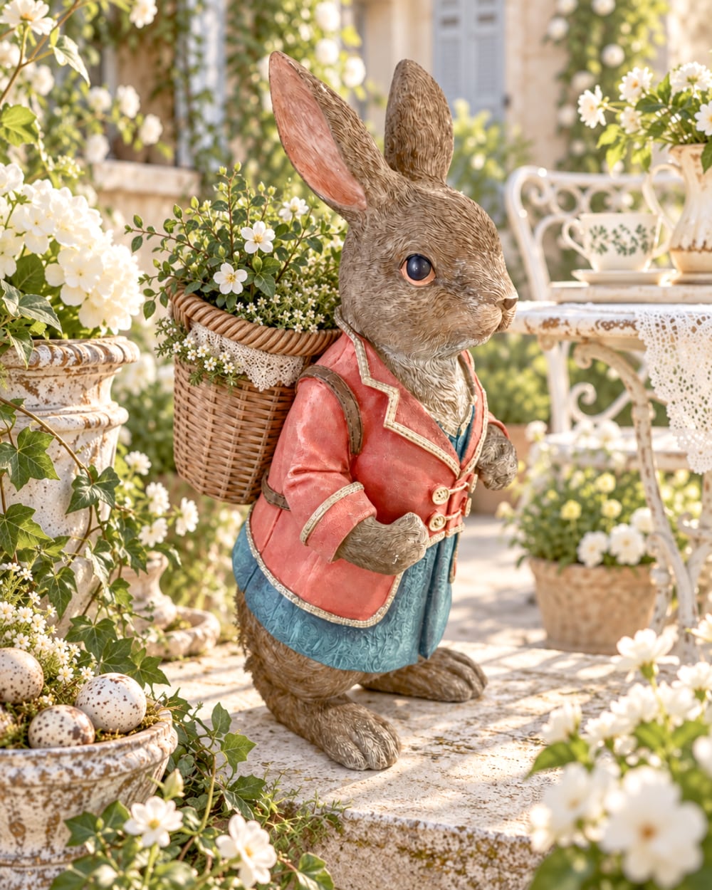 Grand lapin décoratif brun vêtu de rose et bleu avec panier dans le dos, style Alice romantique et décoration poétique de Pâques