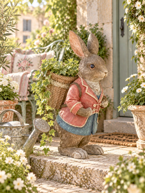 Grand lapin décoratif brun vêtu de rose et bleu avec panier dans le dos, style Alice romantique et décoration poétique de Pâques