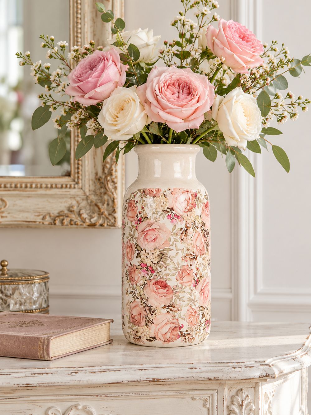 Grand Vase Roses Anglaises garni de roses roses et blanches sur une console patinée, devant un miroir ancien.