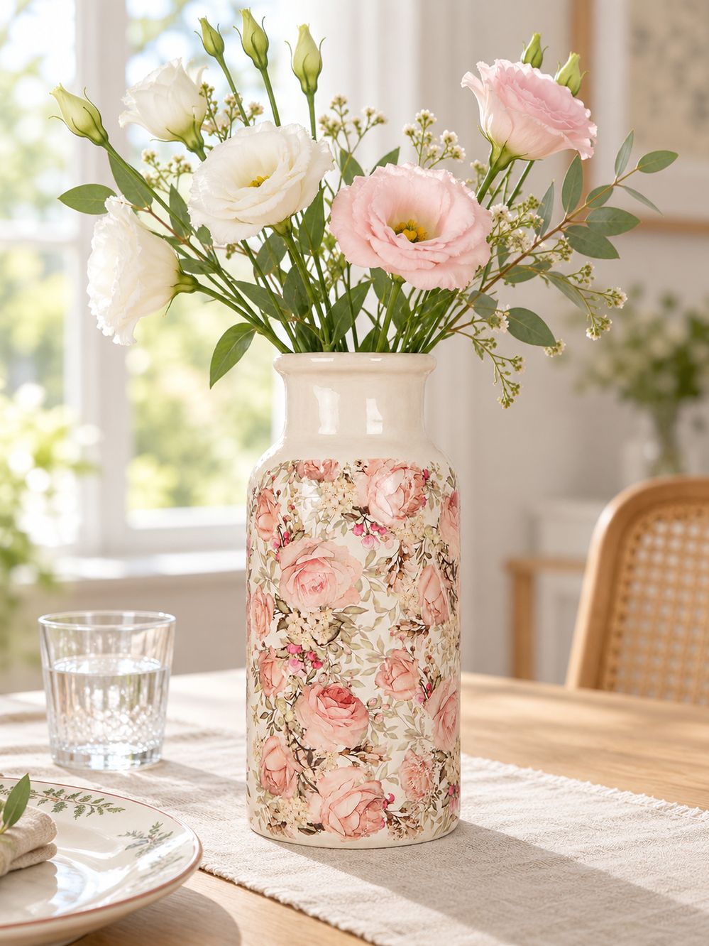 Grand Vase Roses Anglaises avec un bouquet de lisianthus blancs et roses, sur une table en bois dressée avec du lin.