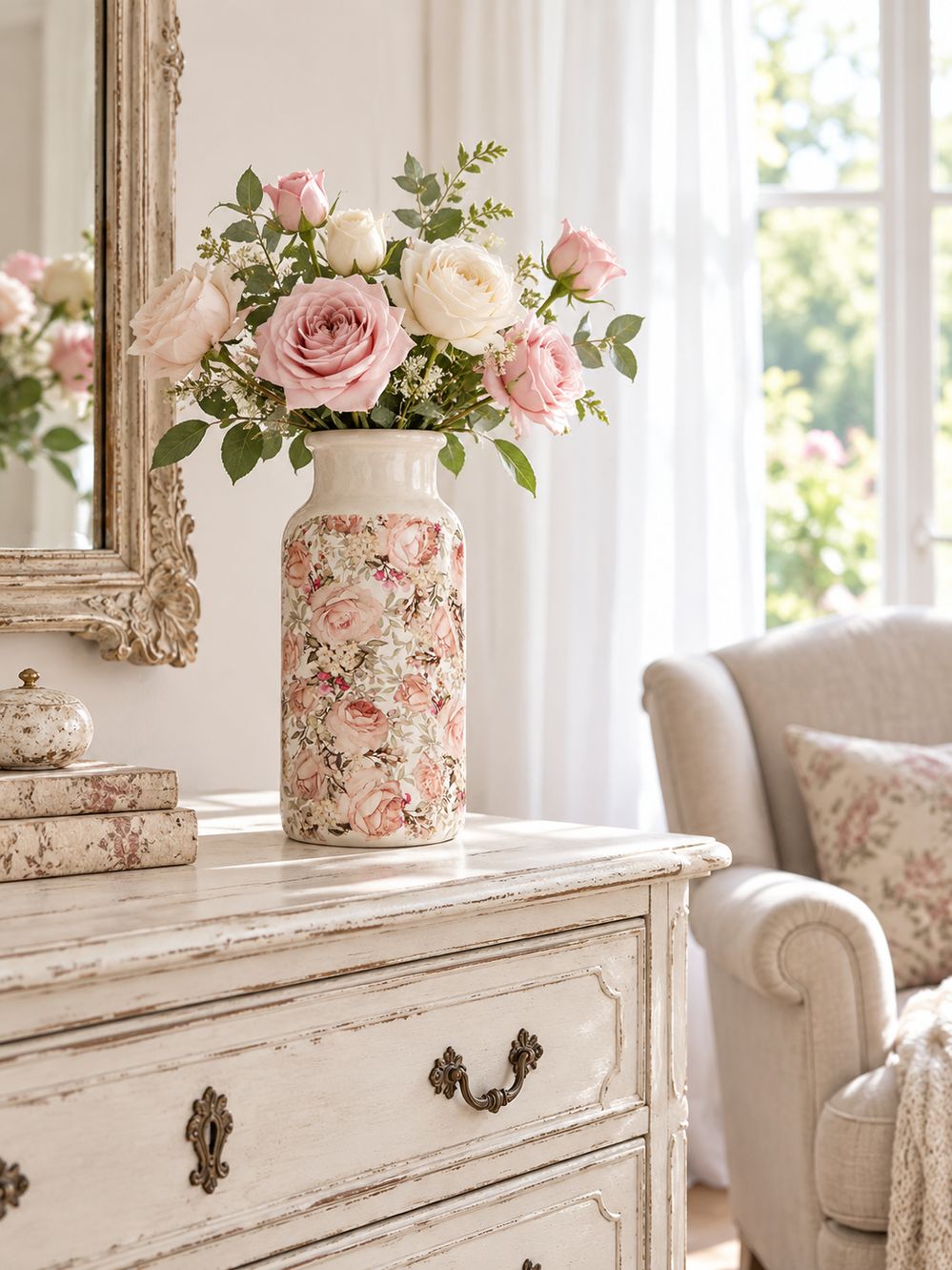 Grand Vase Roses Anglaises fleuri sur une commode blanche patinée, près d’un fauteuil en lin dans un salon lumineux.