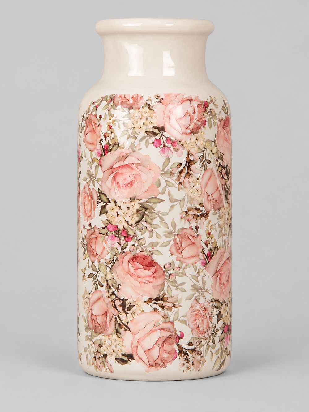 Grand Vase Roses Anglaises de 33 cm, blanc crème à décor de roses poudrées, présenté sur fond gris clair.