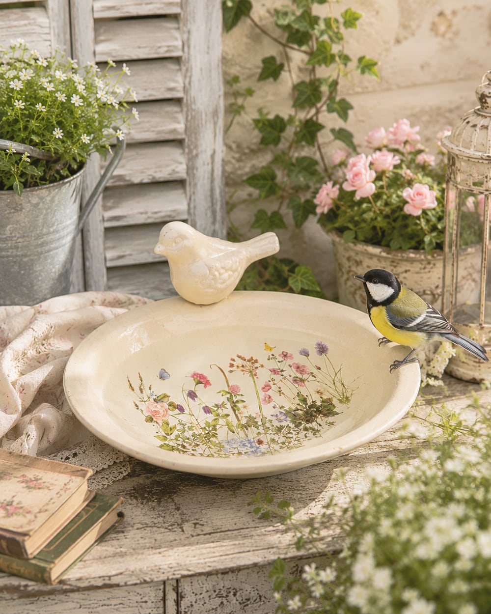 Grande coupelle fleurie de 26 cm avec petit oiseau décoratif, idéale comme mangeoire ou abreuvoir dans un jardin romantique de style shabby chic