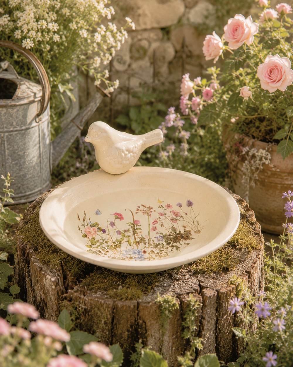 Grande coupelle fleurie de 26 cm avec petit oiseau décoratif, idéale comme mangeoire ou abreuvoir dans un jardin romantique de style shabby chic