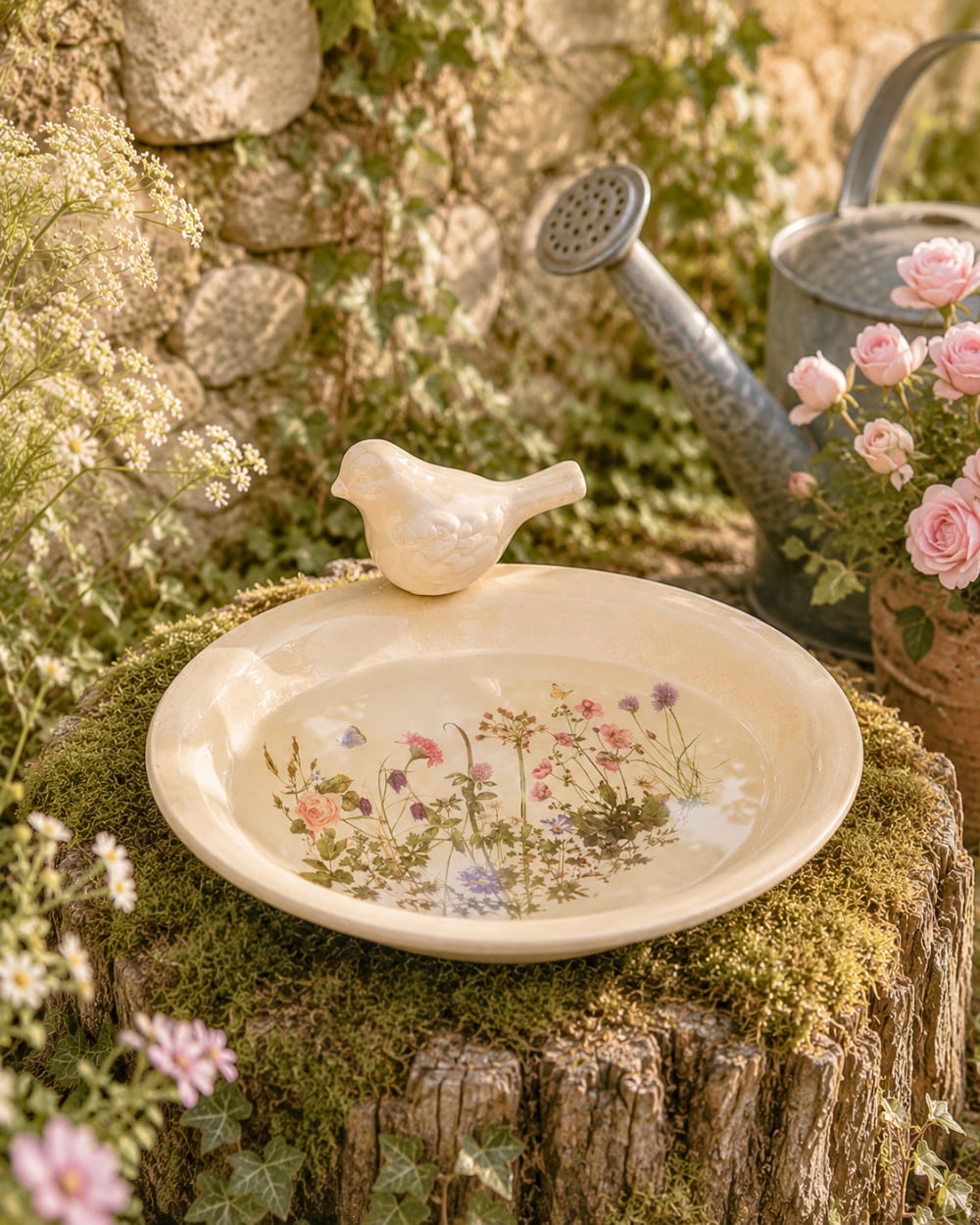 Grande coupelle fleurie de 26 cm avec petit oiseau décoratif, idéale comme mangeoire ou abreuvoir dans un jardin romantique de style shabby chic