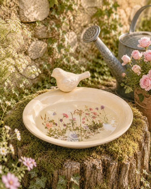 Grande coupelle fleurie de 26 cm avec petit oiseau décoratif, idéale comme mangeoire ou abreuvoir dans un jardin romantique de style shabby chic