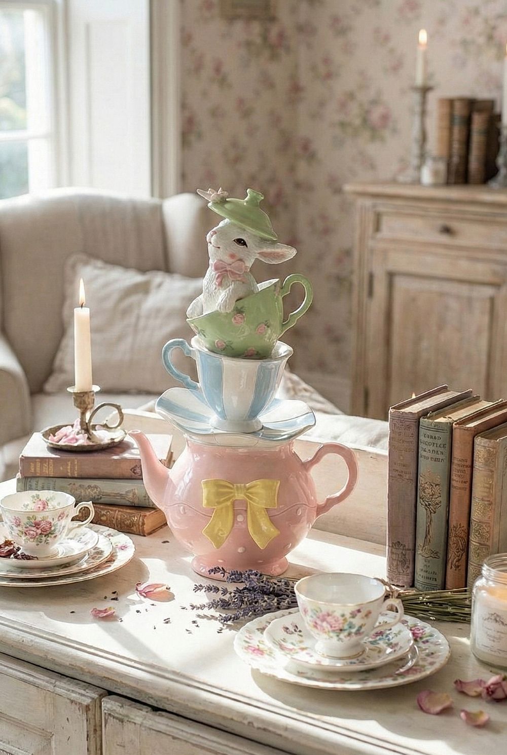 Grande théière décorative rose avec tasses empilées et lapin, tons pastel vert et bleu, style shabby chic romantique et féérique, décoration poétique de charme