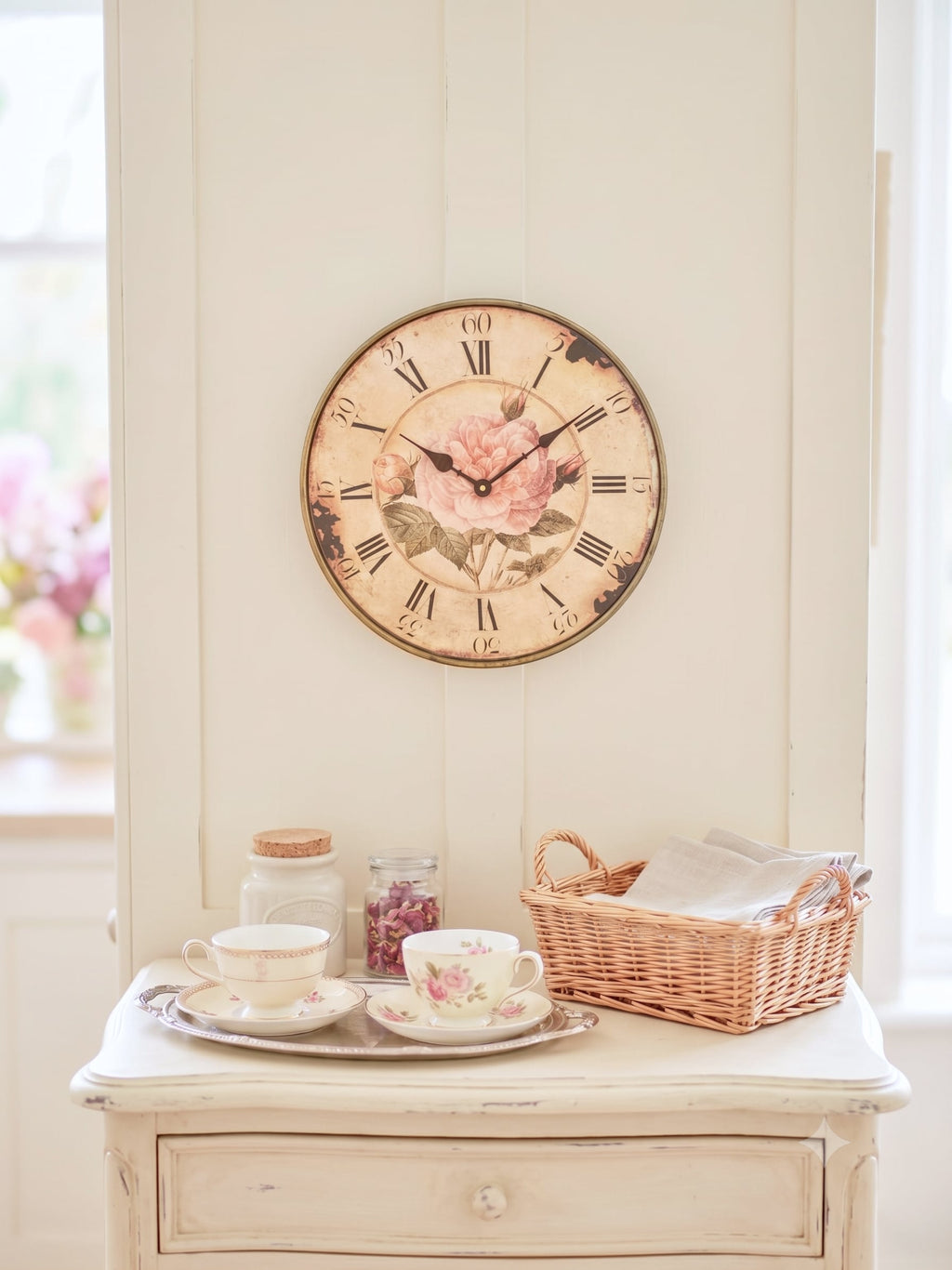 Horloge murale shabby chic avec rose ancienne rose poudré, cadran patiné style vintage et chiffres romains noirs pour décoration romantique de charme