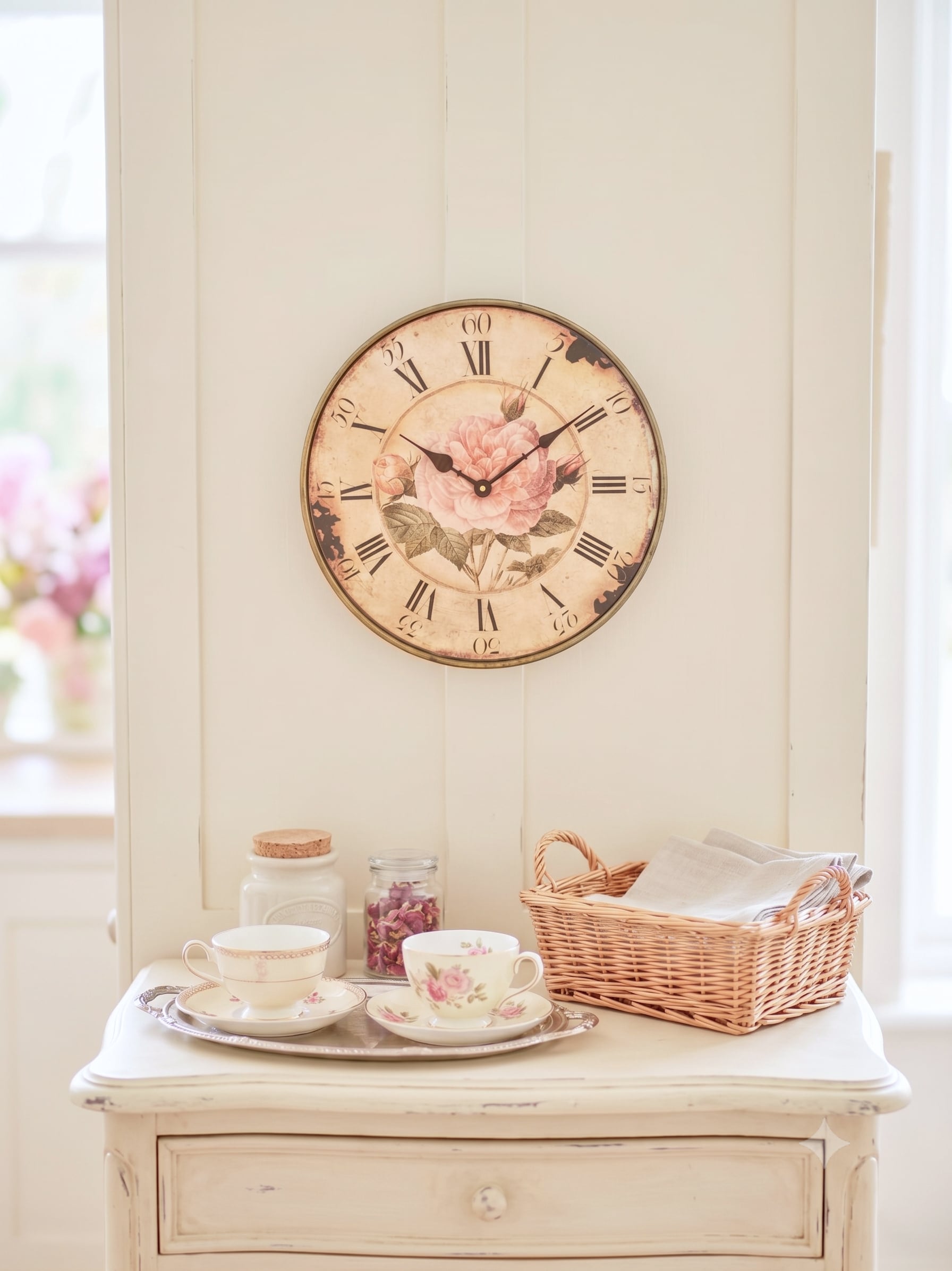 Horloge murale shabby chic avec rose ancienne rose poudré, cadran patiné style vintage et chiffres romains noirs pour décoration romantique de charme