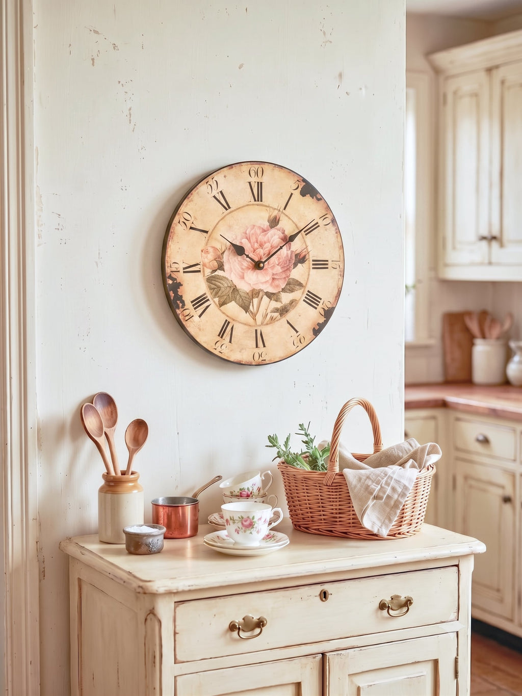 Horloge murale shabby chic avec rose ancienne rose poudré, cadran patiné style vintage et chiffres romains noirs pour décoration romantique de charme