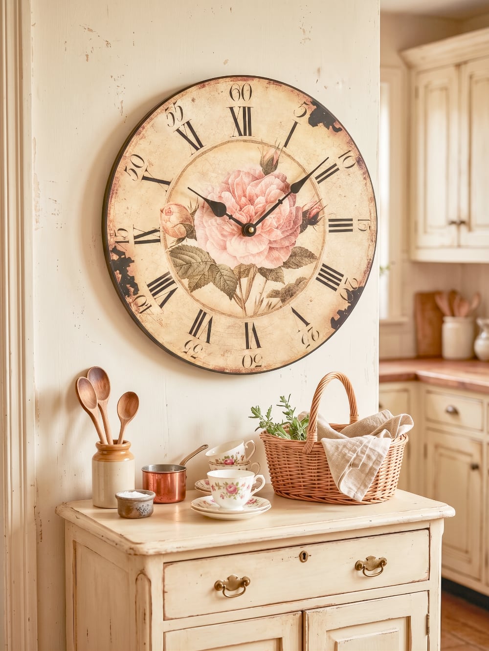 Horloge murale shabby chic avec rose ancienne rose poudré, cadran patiné style vintage et chiffres romains noirs pour décoration romantique de charme