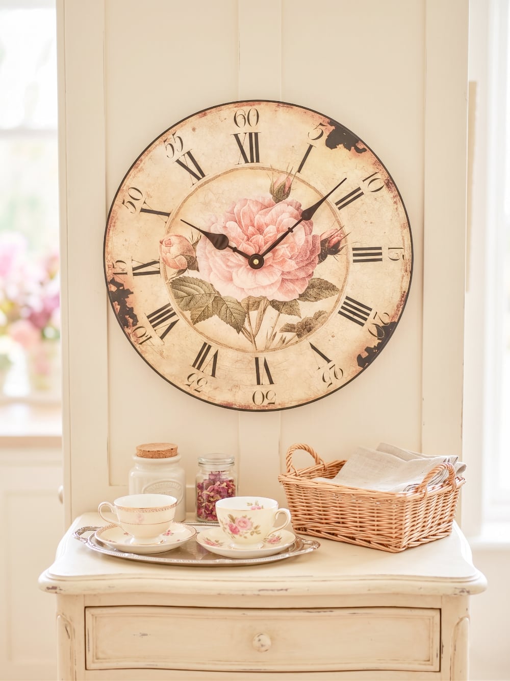 Horloge murale shabby chic avec rose ancienne rose poudré, cadran patiné style vintage et chiffres romains noirs pour décoration romantique de charme