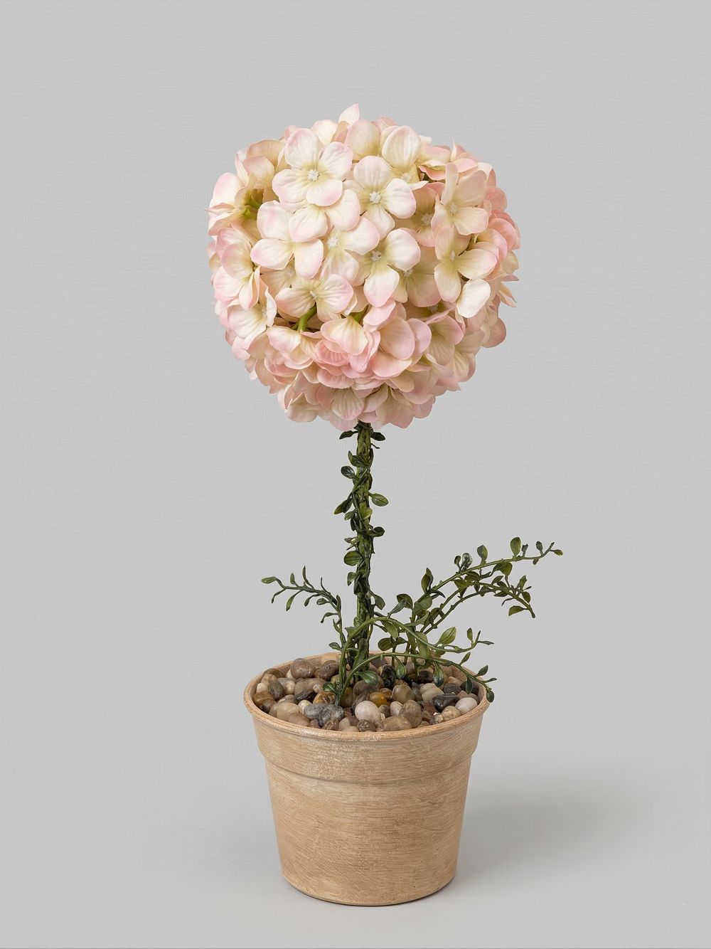 Hortensia sur tige artificiel rose poudré et crème en pot, décoration romantique shabby chic au charme poétique pour intérieur raffiné