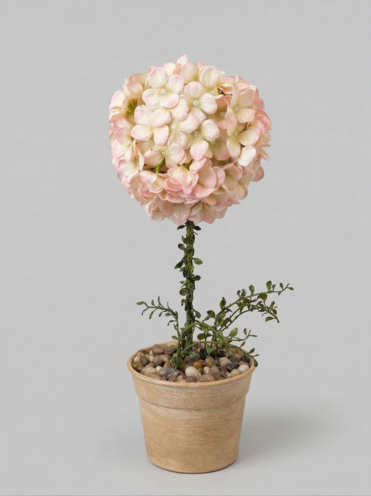 Hortensia sur tige artificiel rose poudré et crème en pot, décoration romantique shabby chic au charme poétique pour intérieur raffiné