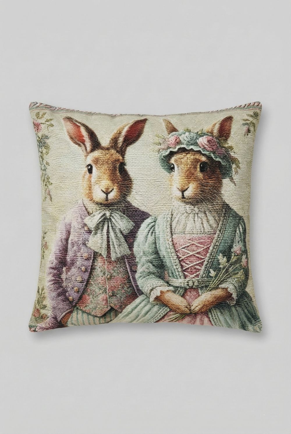 Housse de coussin en velours 45x45 cm avec motif Lapins Précieux habillés, tons beige vert sauge et rose poudré, style shabby chic et décoration poétique féérique